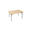 Rectangular table with light wood top, four gray metal legs and metal support braces