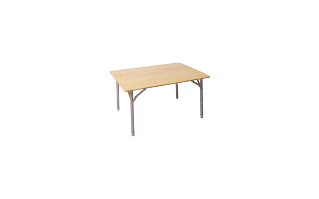 Rectangular table with light wood top, four gray metal legs and metal support braces