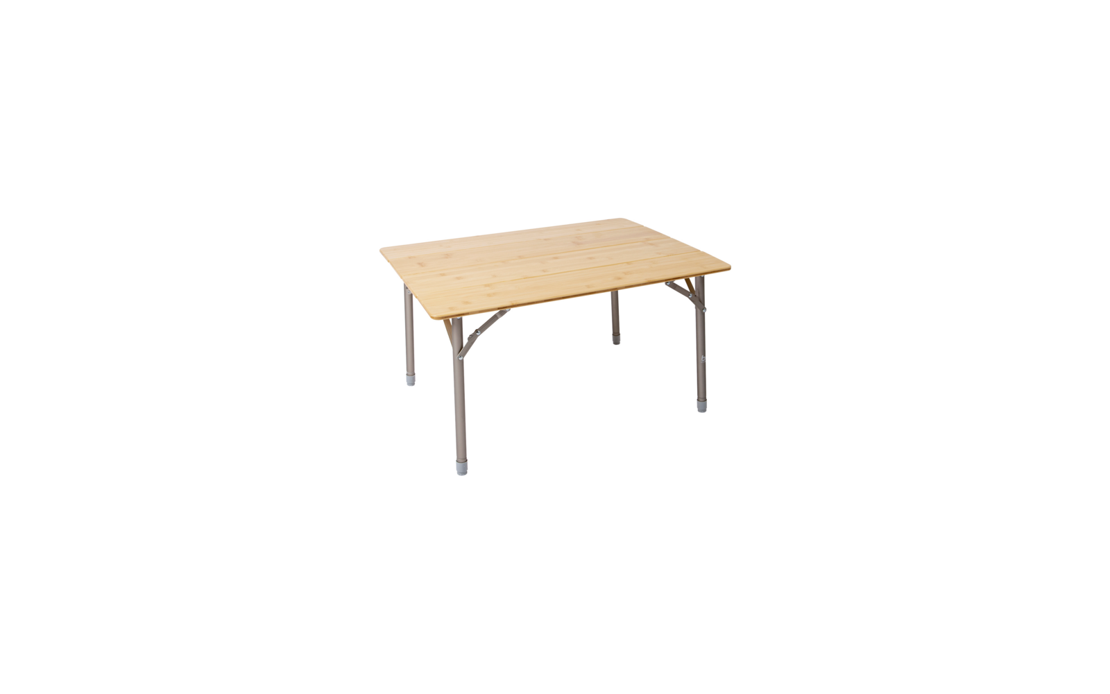 Rectangular table with light wood top, four gray metal legs and metal support braces