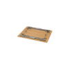 Rectangular light wooden board with two folding metal brackets on the short sides, visible hinges and screws, on a white background