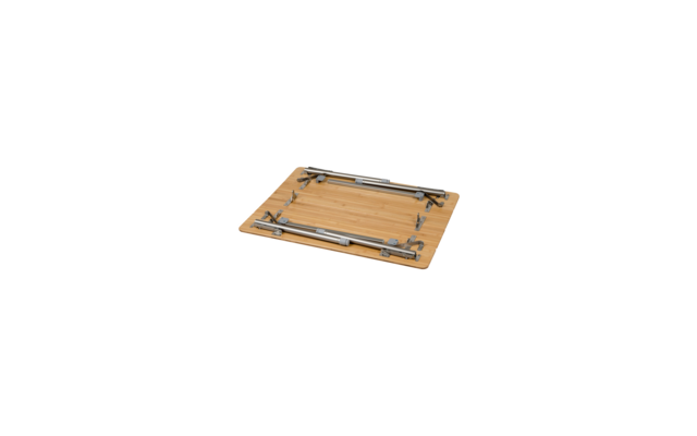 Rectangular light wooden board with two folding metal brackets on the short sides, visible hinges and screws, on a white background