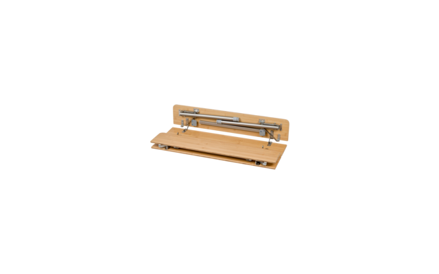 Two folded light-brown wooden panels with metal fittings and support rods, visible screws, on a white background