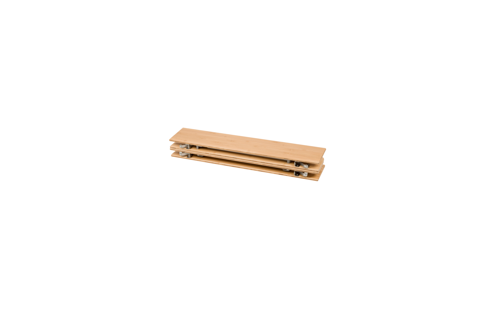 Three flat wooden boards stacked with visible metal fittings on a white background