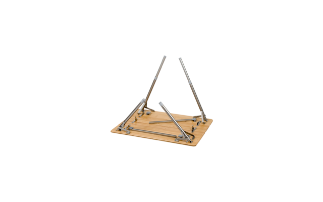 Rectangular wooden board with four fold-out silver metal legs and metal fittings on a white background