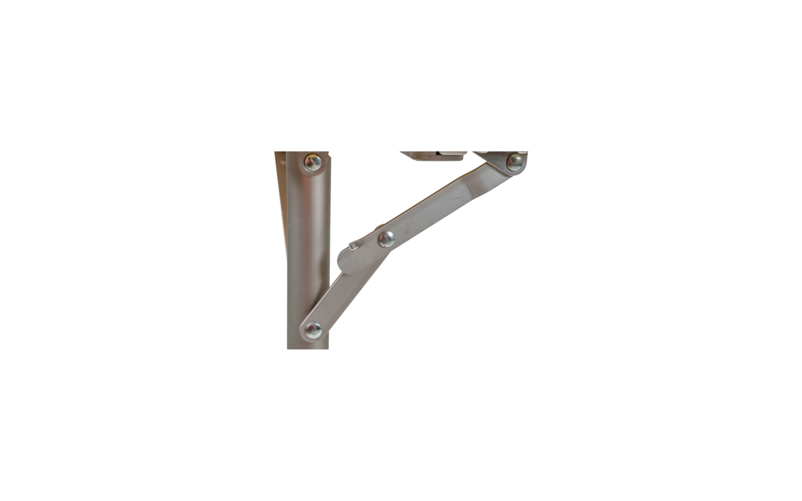 Close-up of a silver metal bracket with hinge joints and screws on a white background