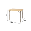 Rectangular wooden table with four metal legs, angled metal support braces under the top, and dimension labels 800 mm × 600 mm, height 685 mm