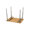 Upside-down rectangular light wood tabletop with four vertical silver metal legs and metal mounting brackets on a white background