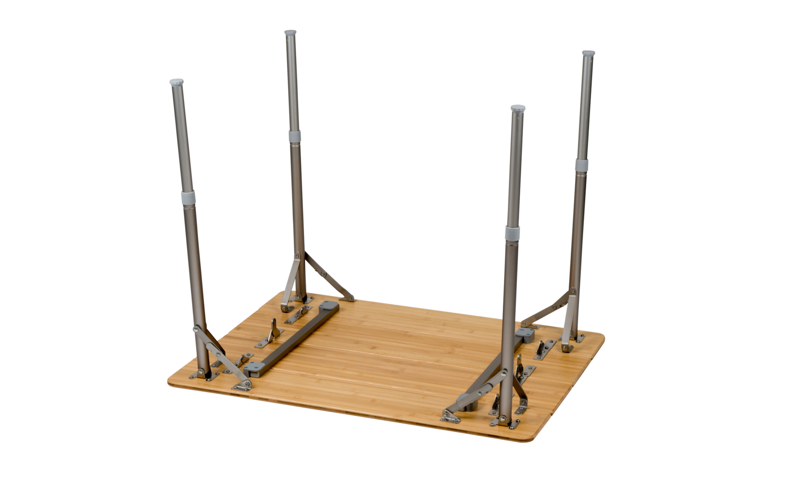 Upside-down rectangular light wood tabletop with four vertical silver metal legs and metal mounting brackets on a white background