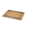 Rectangular light wood panel with silver metal folding legs, hinges and screws attached to the underside on a white background
