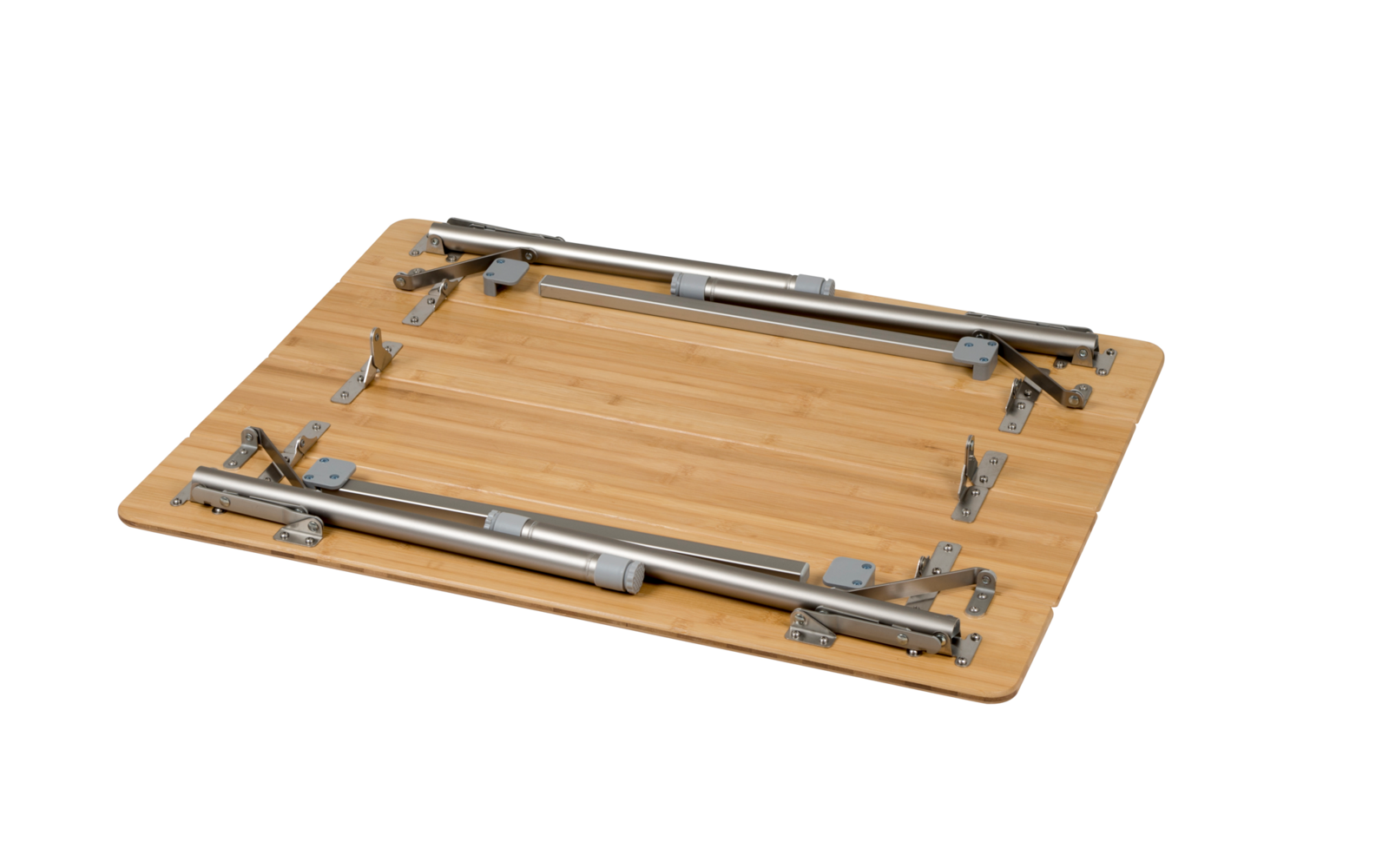 Rectangular light wood panel with silver metal folding legs, hinges and screws attached to the underside on a white background