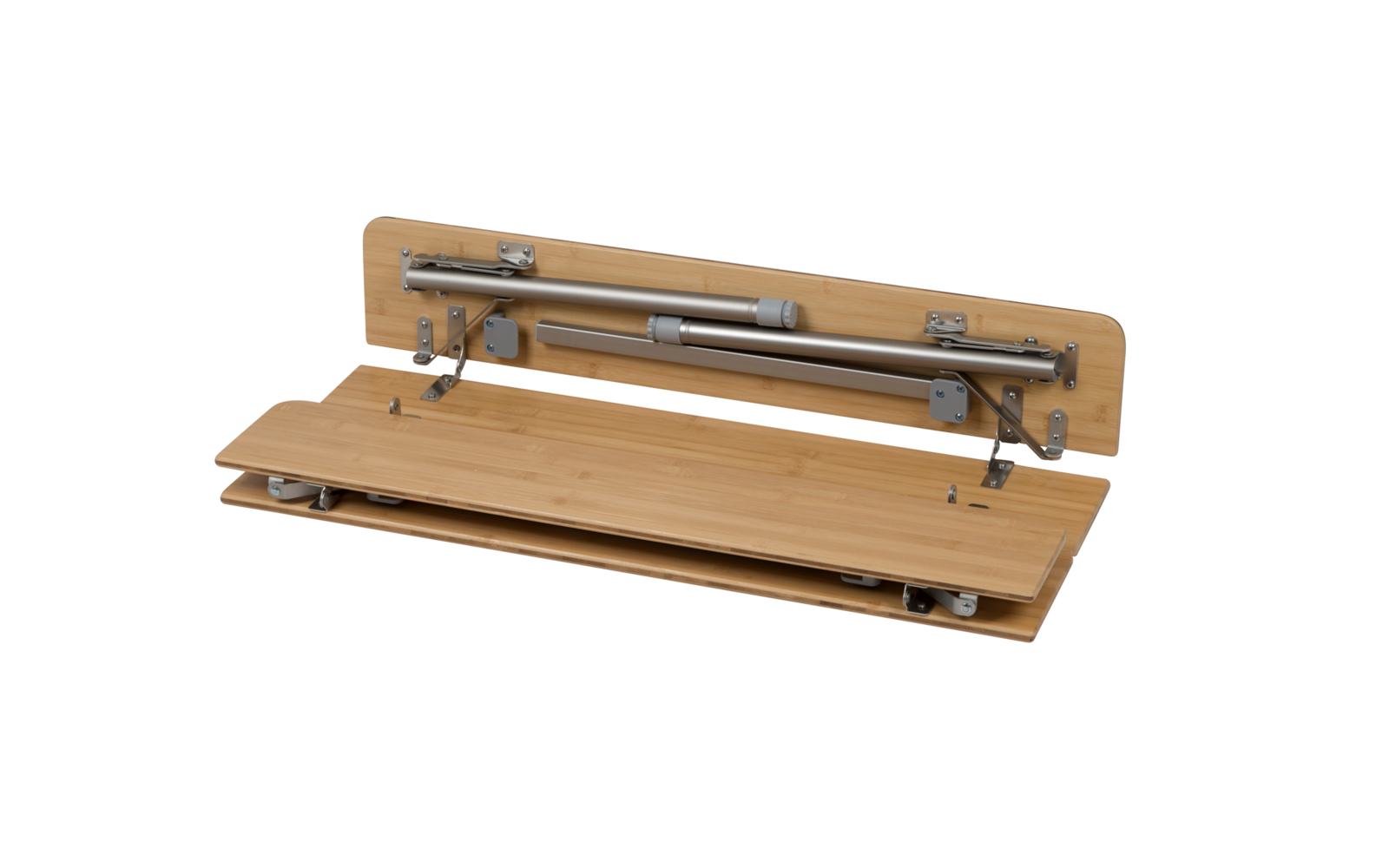 Two flat bamboo boards stacked, connected by metal rods, hinges and gas springs; visible screws; white background
