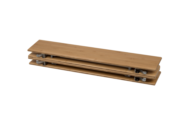Three stacked wooden boards with metal fittings and small caster wheels on a white background