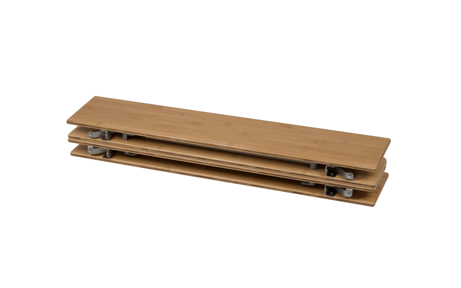 Three stacked wooden boards with metal fittings and small caster wheels on a white background