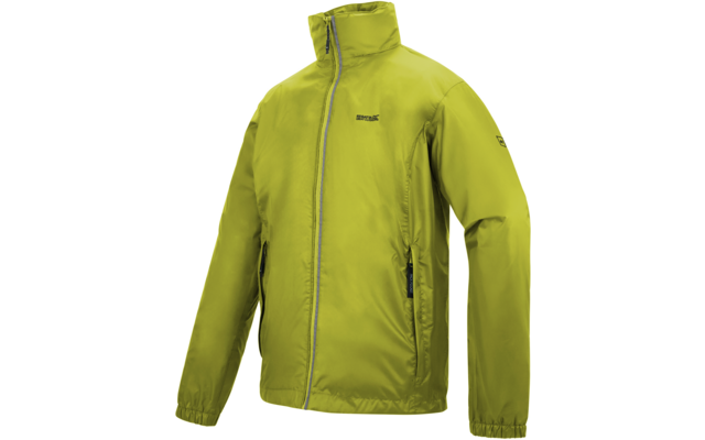 Hellgrün-gelbe Jacke mit langen Ärmeln, durchgehendem Reißverschluss, Stehkragen, zwei seitlichen Reißverschlusstaschen und elastischen Ärmelbündchen