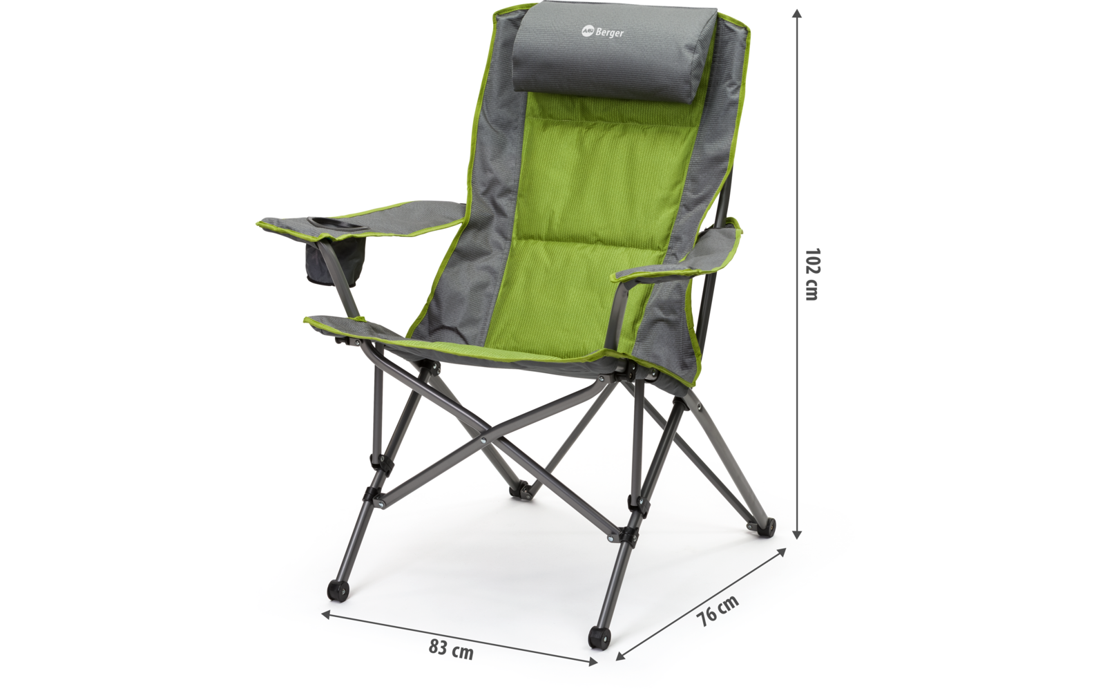 Grün-schwarzer Campingstuhl mit Armlehnen und Klappfunktion, vor weißem Hintergrund