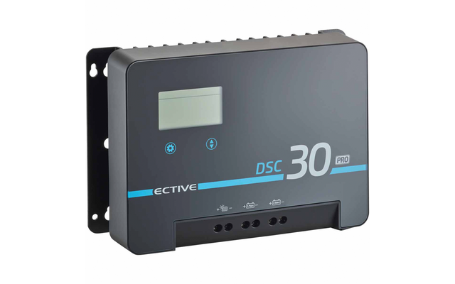 Dunkelgraues rechteckiges Wandgerät mit montierter Halterung links, kleines rechteckiges LCD-Display oben links, darunter zwei runde blaue Symbole, blauer Streifen und weiße Schrift ECTIVE DSC 30 PRO rechts, vier runde Öffnungen an der Unterkante, Lü