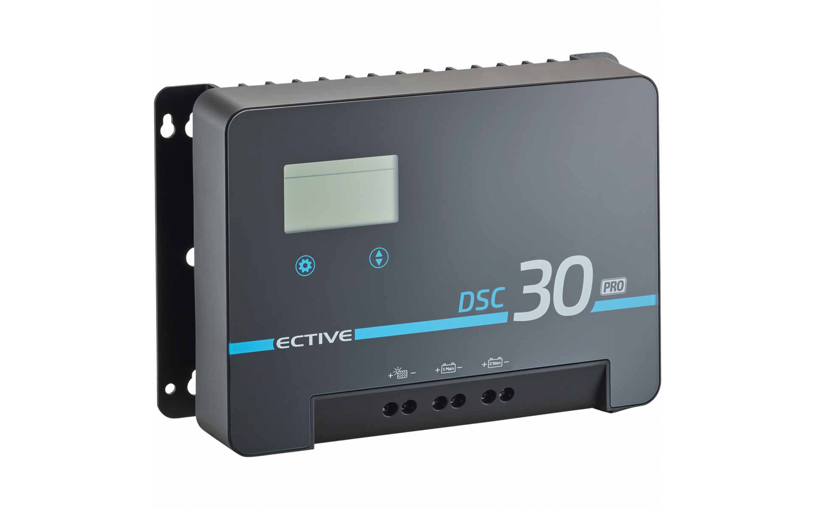 Dunkelgraues rechteckiges Wandgerät mit montierter Halterung links, kleines rechteckiges LCD-Display oben links, darunter zwei runde blaue Symbole, blauer Streifen und weiße Schrift ECTIVE DSC 30 PRO rechts, vier runde Öffnungen an der Unterkante, Lü