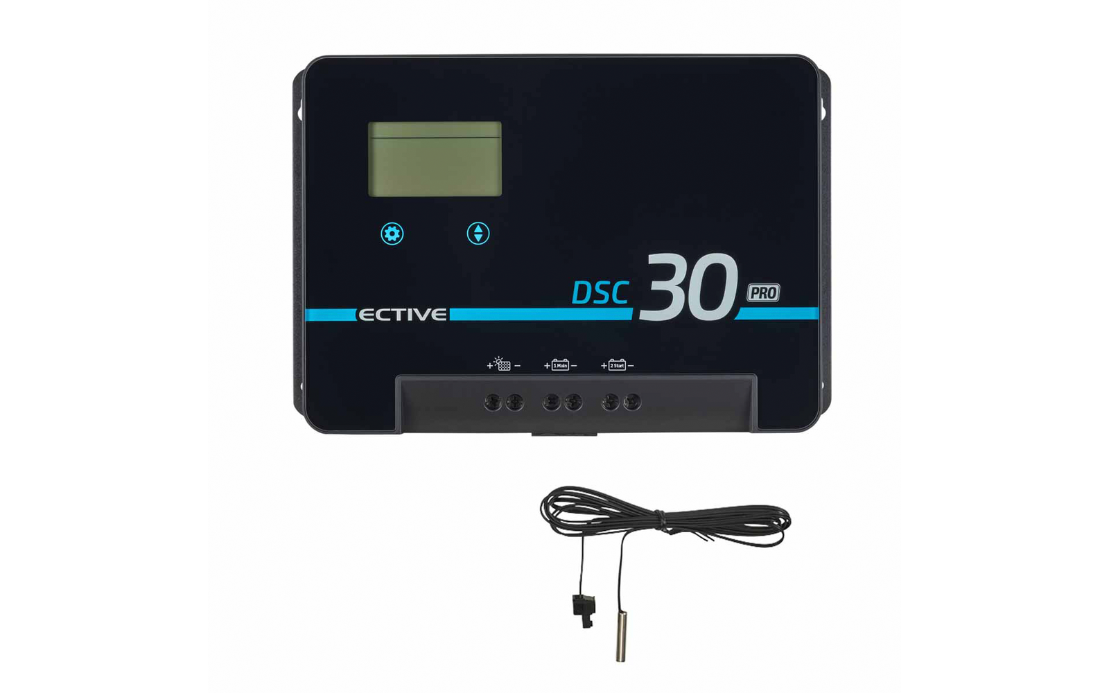 Schwarzes rechteckiges Gerät, links oben kleines rechteckiges LCD-Display, darunter zwei runde blaue Tasten, rechts weiße Aufschrift 'DSC 30 PRO', Markenname links, unten Anschlussbereich mit drei Kontakten, separates schwarzes Kabel mit kleinem Stec