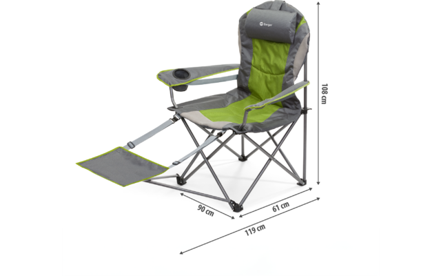 Faltbarer Campingstuhl mit Armlehnen, Beinablage und Getränkehalter in grau und grün
