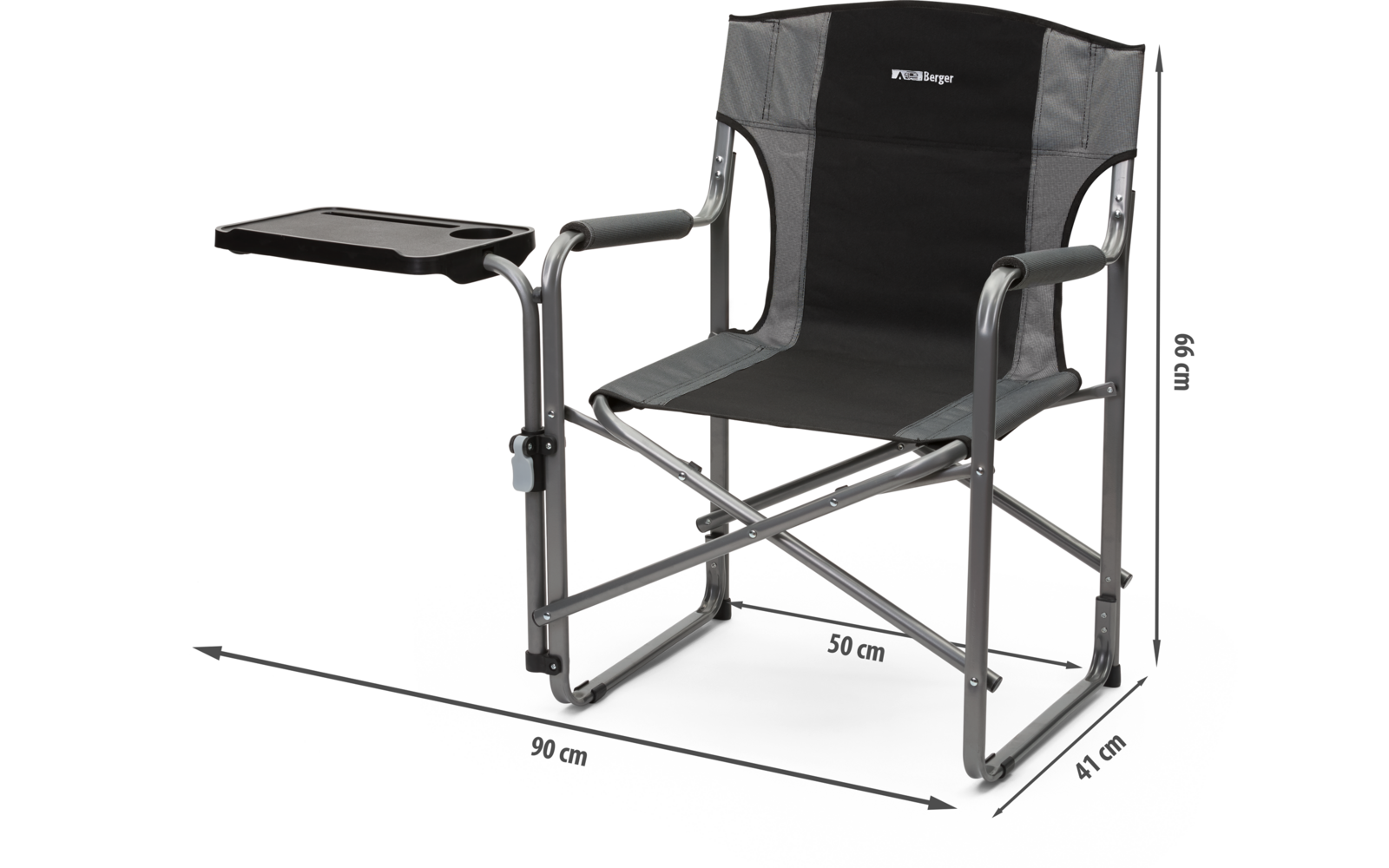 Klappstuhl mit Armlehnen und angebrachter Tischplatte, Maße in Zentimetern dargestellt