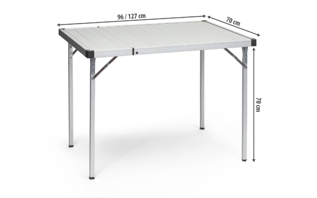 Klapptisch mit rechteckiger weißer Tischplatte und vier silbernen Beinen