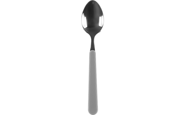 Metalen lepel met reflecterende kom en geribbeld handvat op witte achtergrond