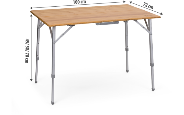 Table de camping pliante avec pieds réglables et plateau rectangulaire en bois, dimensions 100 x 60 x 74 cm