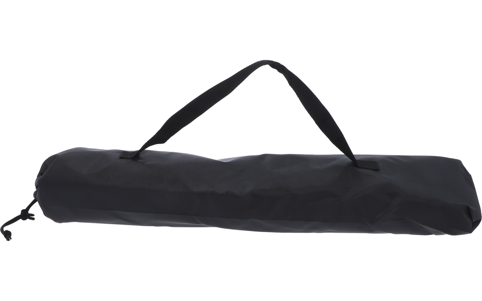 Bolsa cilíndrica de tela negra con asa y cordón de cierre en un extremo