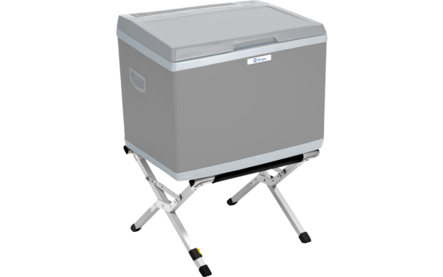 Schwarzer tragbarer Kühlschrank auf klappbarem Ständer mit silberfarbenem Deckel