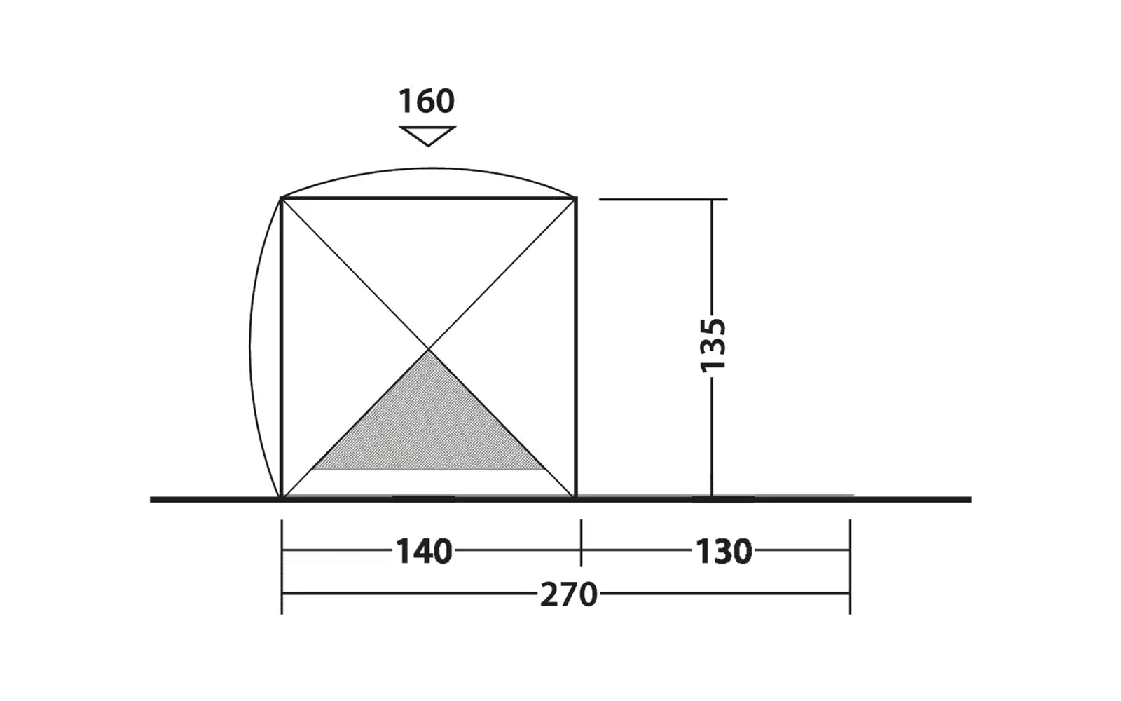 Skizze mit einem Dreieck in einem Quadrat, Maße 160 oben, 135 Höhe, 140 und 130 Breiten, Gesamtlänge 270