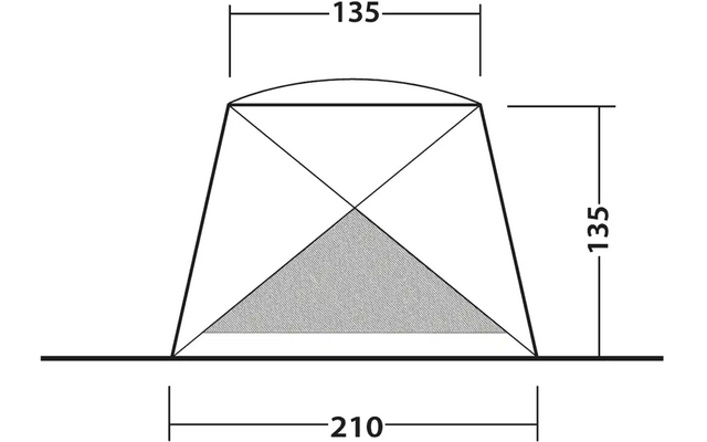 Skizze eines trapezförmigen Objekts mit den Maßen 135 x 135 Höhe und 210 Breite