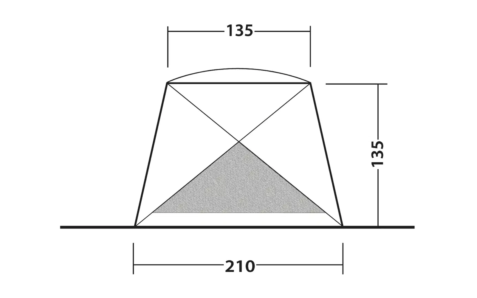 Skizze eines trapezförmigen Objekts mit den Maßen 135 x 135 Höhe und 210 Breite