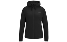 Veste à capuche noire avec fermeture éclair, manches longues et petit logo sur la poitrine, sur fond blanc