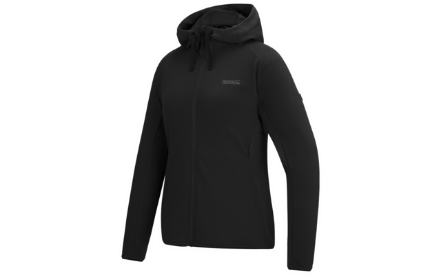 Schwarze Kapuzenjacke mit durchgehendem Reißverschluss, langen Ärmeln und kleinem Logo auf der linken Brust