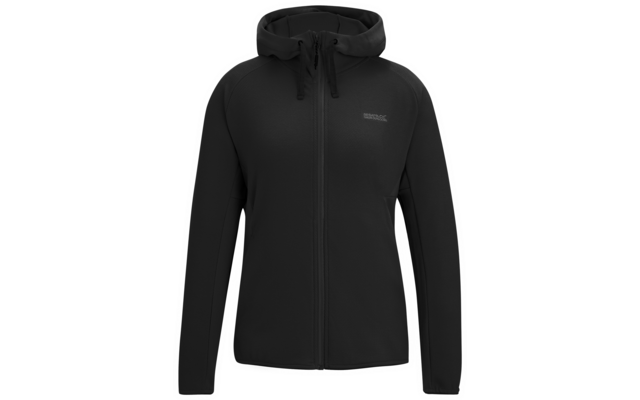 Schwarze Kapuzenjacke mit durchgehendem Reißverschluss, langen Ärmeln und kleinem Logo auf der Brust, vor weißem Hintergrund