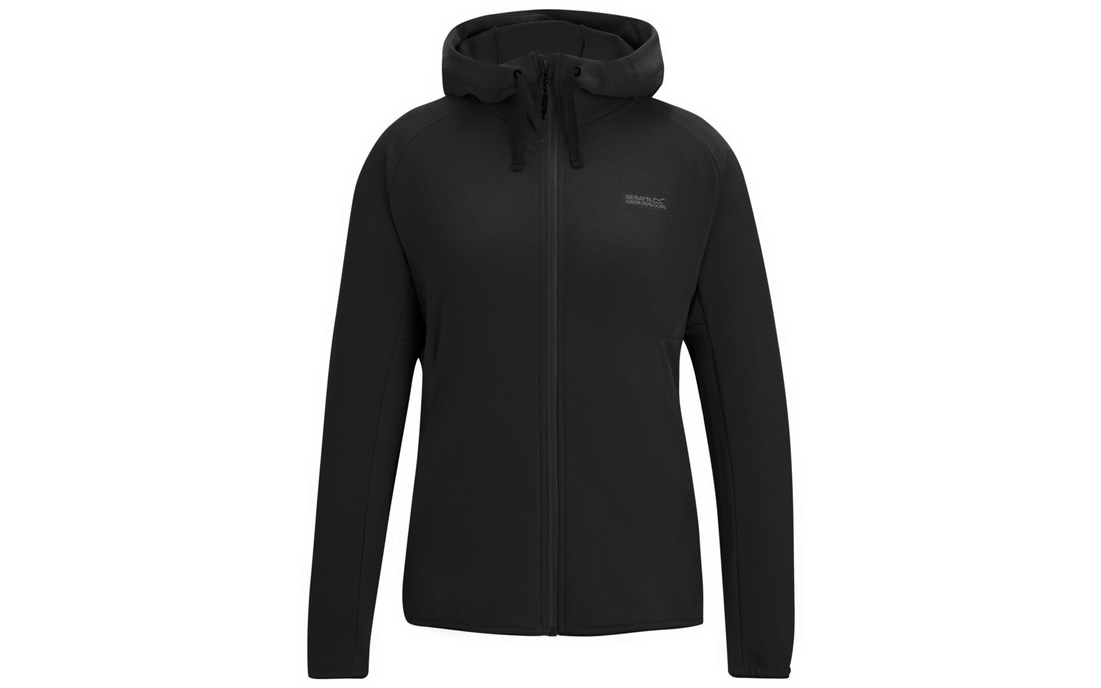 Schwarze Kapuzenjacke mit durchgehendem Reißverschluss, langen Ärmeln und kleinem Logo auf der Brust, vor weißem Hintergrund