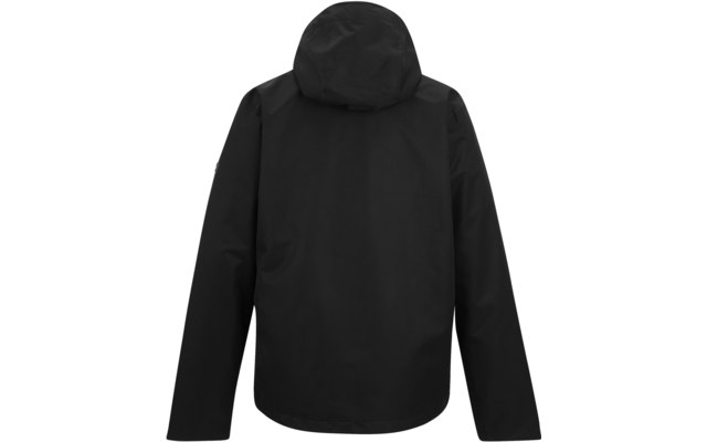 Schwarze Jacke mit Kapuze, Rückansicht, auf weißem Hintergrund