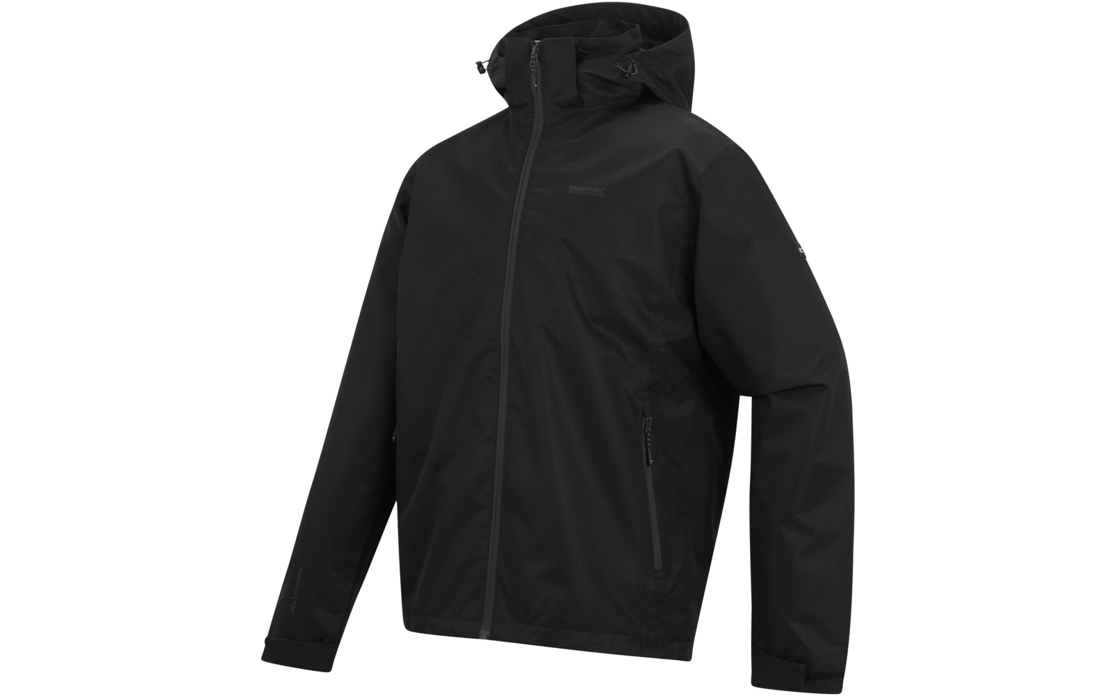 Schwarze Jacke mit Kapuze, durchgehendem Reißverschluss, zwei seitlichen Reißverschlusstaschen und langen Ärmeln