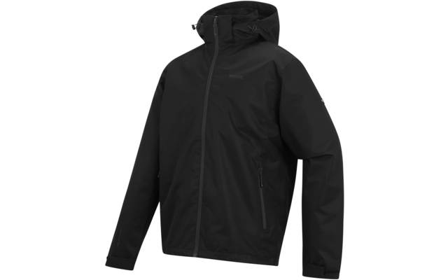 Schwarze Jacke mit Kapuze, durchgehendem Reißverschluss, zwei seitlichen Reißverschlusstaschen und langen Ärmeln