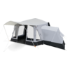 Großes graues Campingzelt mit mehreren Eingängen und Vorbau