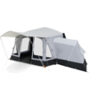 Grande tente de camping grise avec plusieurs entrées et un auvent