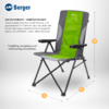 Green and gray chair with black metal frame and armrests, X-shaped support struts, Berger logo top left and on the backrest, orange labels showing measurements 108 cm, 56 cm, 46.5 cm, German product text at left