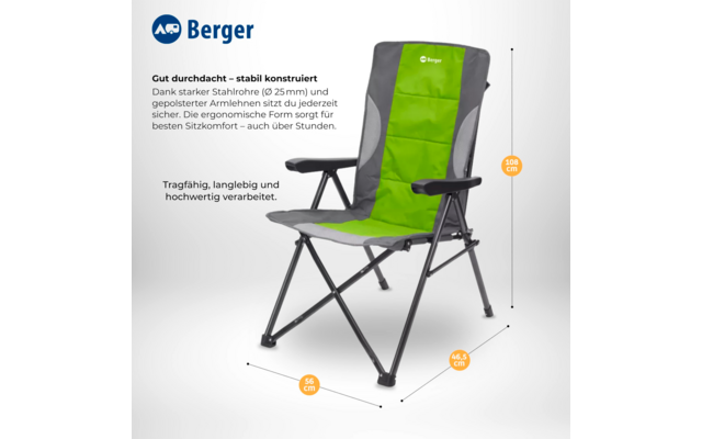 Green and gray chair with black metal frame and armrests, X-shaped support struts, Berger logo top left and on the backrest, orange labels showing measurements 108 cm, 56 cm, 46.5 cm, German product text at left