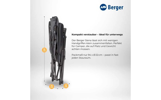 Folded dark gray folding chair with carrying bag, visible measurements 94 cm height and 22 cm diameter, Berger logo top right on white background