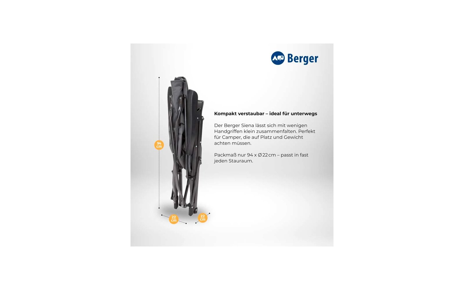 Folded dark gray folding chair with carrying bag, visible measurements 94 cm height and 22 cm diameter, Berger logo top right on white background