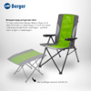 Green-and-gray folding chair with black metal frame and armrests; beside it a translucent footrest shown with an arrow and the German text 'Beinauflage separat erhältlich'; Berger logo top left on a white background