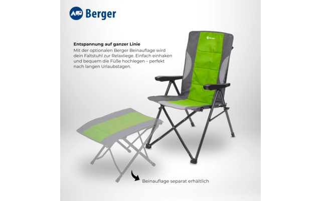 Green-and-gray folding chair with black metal frame and armrests; beside it a translucent footrest shown with an arrow and the German text 'Beinauflage separat erhältlich'; Berger logo top left on a white background
