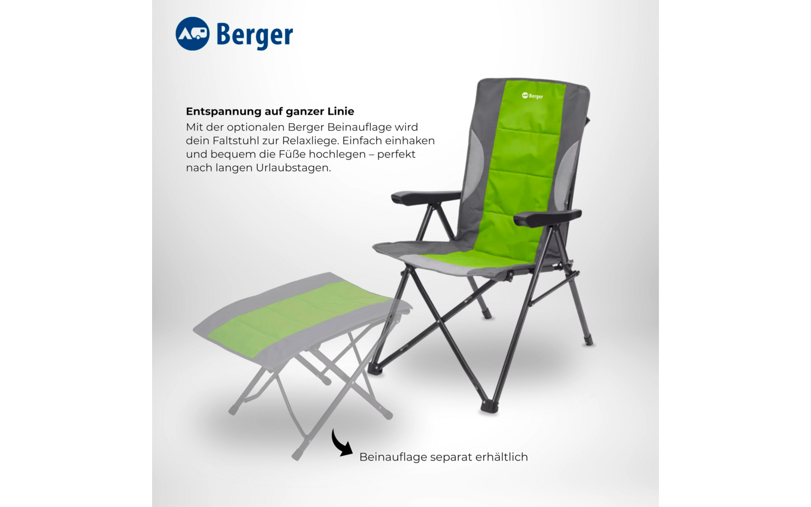 Green-and-gray folding chair with black metal frame and armrests; beside it a translucent footrest shown with an arrow and the German text 'Beinauflage separat erhältlich'; Berger logo top left on a white background