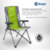 Folding chair with green and gray fabric and black metal frame, armrest with cup holder, 'Berger' logo top right, round badge bottom right reading 'Tragkraft 120 kg'