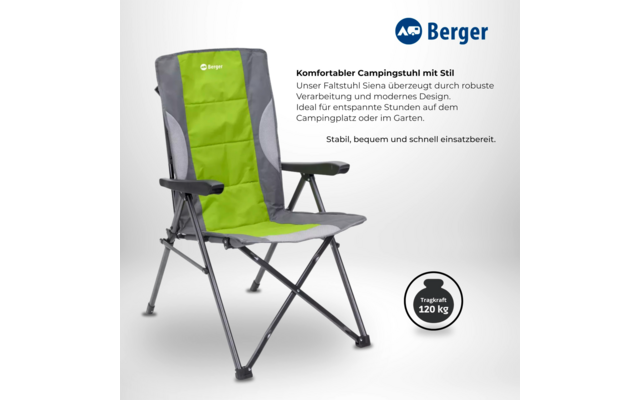 Folding chair with green and gray fabric and black metal frame, armrest with cup holder, 'Berger' logo top right, round badge bottom right reading 'Tragkraft 120 kg'